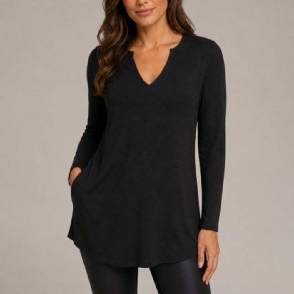 Eileen Fisher Black Notch V-Neck Long Sleeve Stretch Jersey Minimalist Tunic S